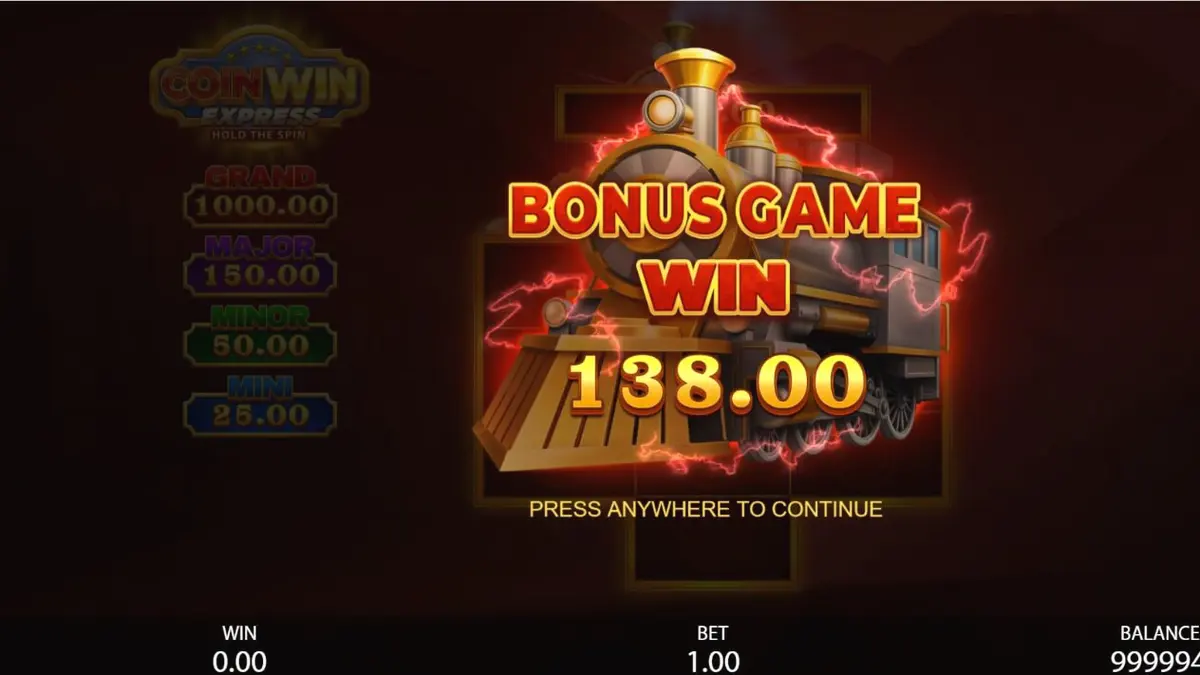 Interface do jogo Coin Win Express com locomotiva dourada e símbolos de frutas